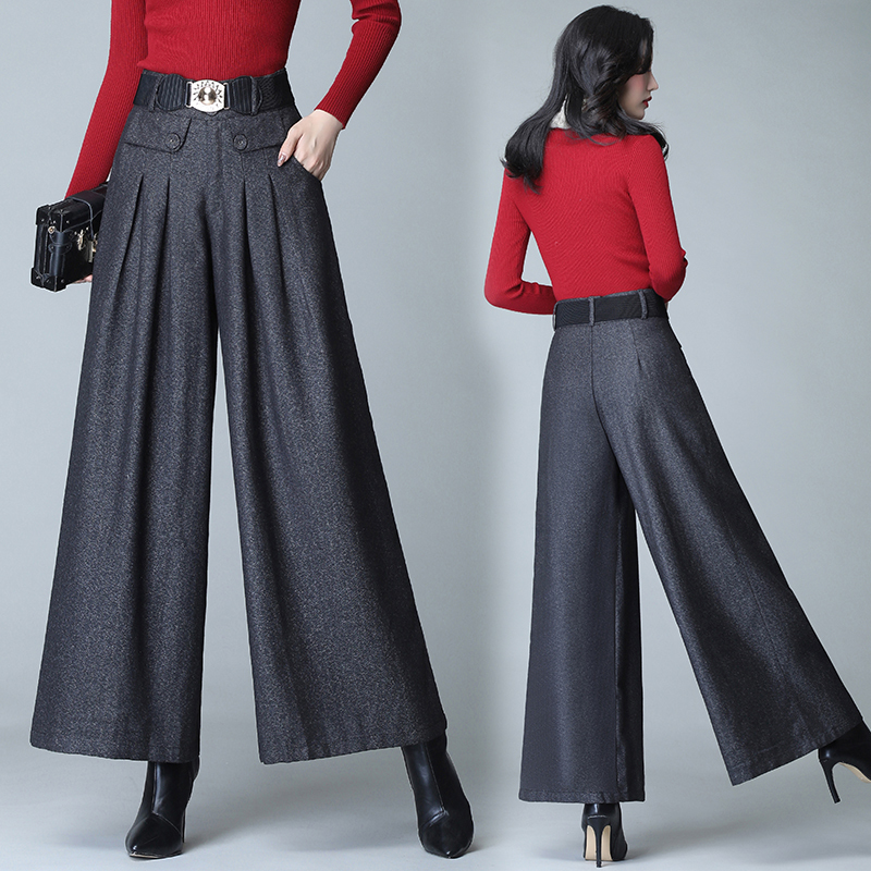 Autumn Winter Solid Color Woolen Pant Pleated Casual Skirt High Waist Loose Wool Wide Leg 660C 220325