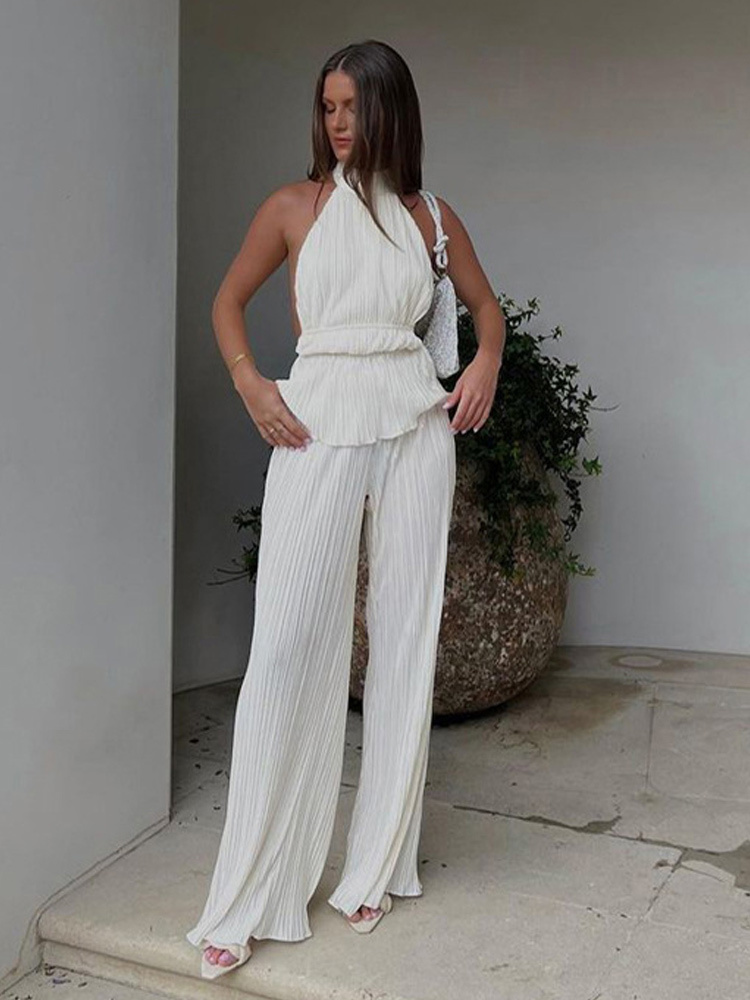 Pleated Halter Tank Top Long Pants Set Women Summer White Sexy Backless Sleeveless Tops Suits Female Elegant Trouser 2 Piece Set 220602