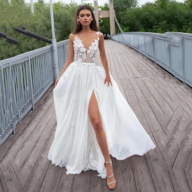 New Arrival Lace Appliques A-line Wedding Dress V Neck Spaghetti Straps Custom Made Sweep Train Backless Bridal High Side Split Dresses Vestido De Nov