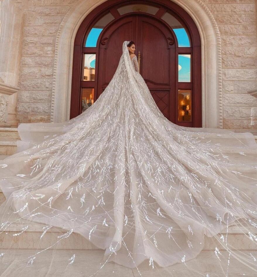 Champagne Dresses Arabic Ball Gown Sleeve Sequins Beaded Bridal Wedding Gowns With Long Train BES s