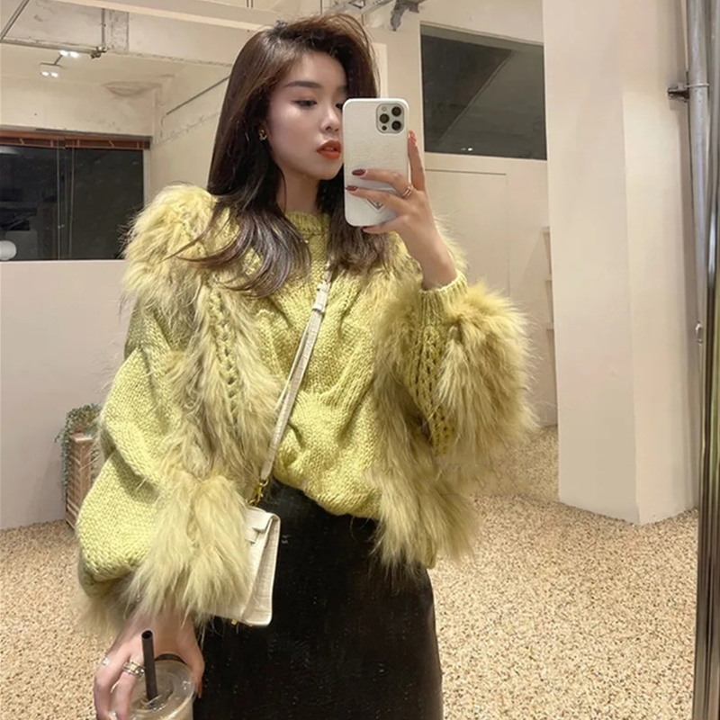 Womens Winter Sweaters Chic Patchwork Fur Coat Top Pull Femme Korean Fashion Knit Pullovers Tops Loose Temperament Jumper 2024