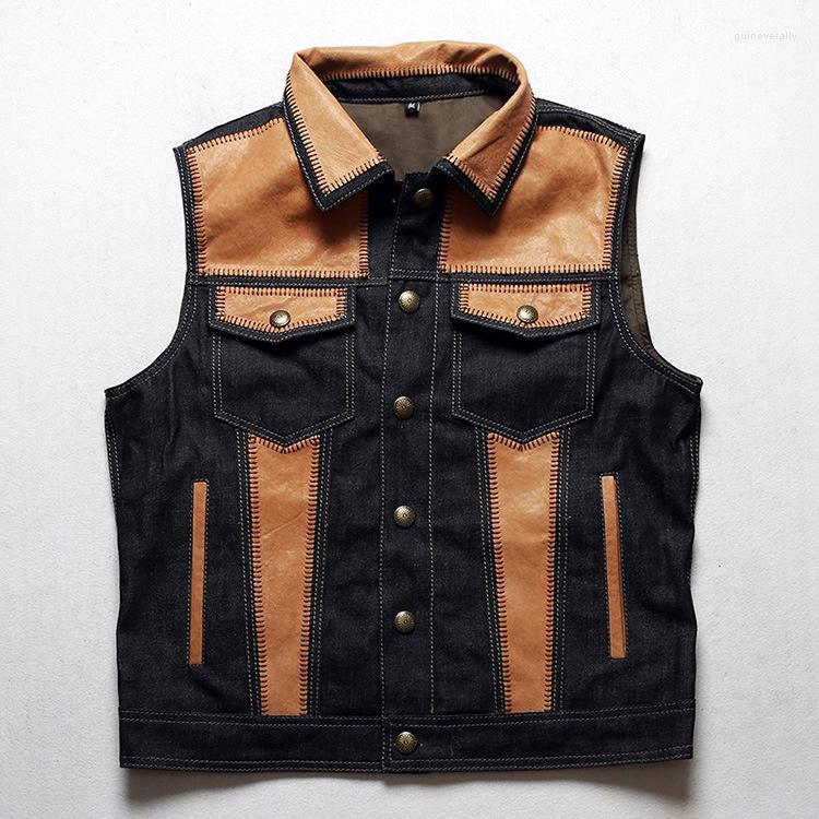 Men' Vests Genuine Mens Sheepskin Leather Motorcycle Biker Vest Sheep Skin Denim Punk Rock Casual Waistcoat Patchwork Slim Black Guin22
Men' Vests Genuine Mens Sheepskin Leather Motorcycle Biker Vest Sheep Skin Denim Punk Rock Casual Waistcoat Patchwork Slim Black Guin22
