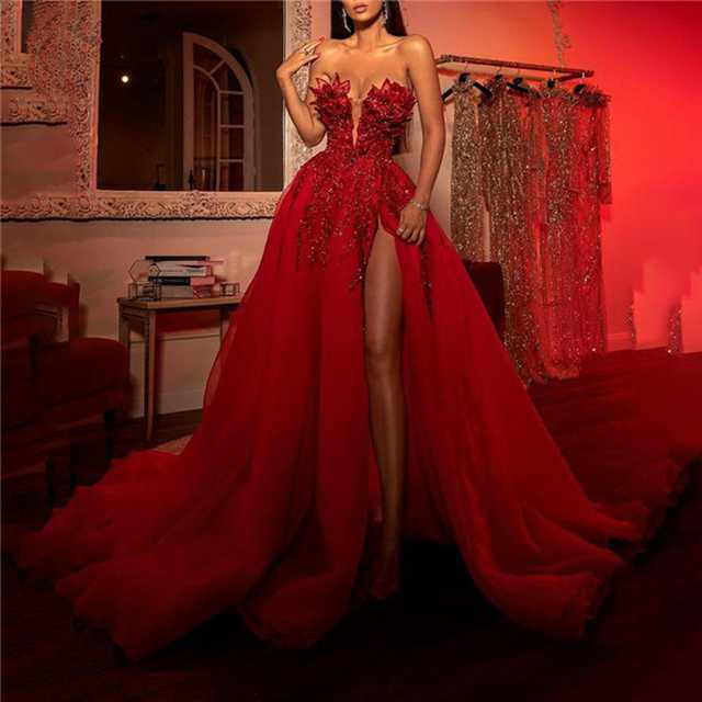 Party Dresses Red Elegant Long Prom Dress 2022 Luxury Strapless Sleeveless Sequin Shiny Split Tulle Ball Gown Women Formal Evening GownsPart