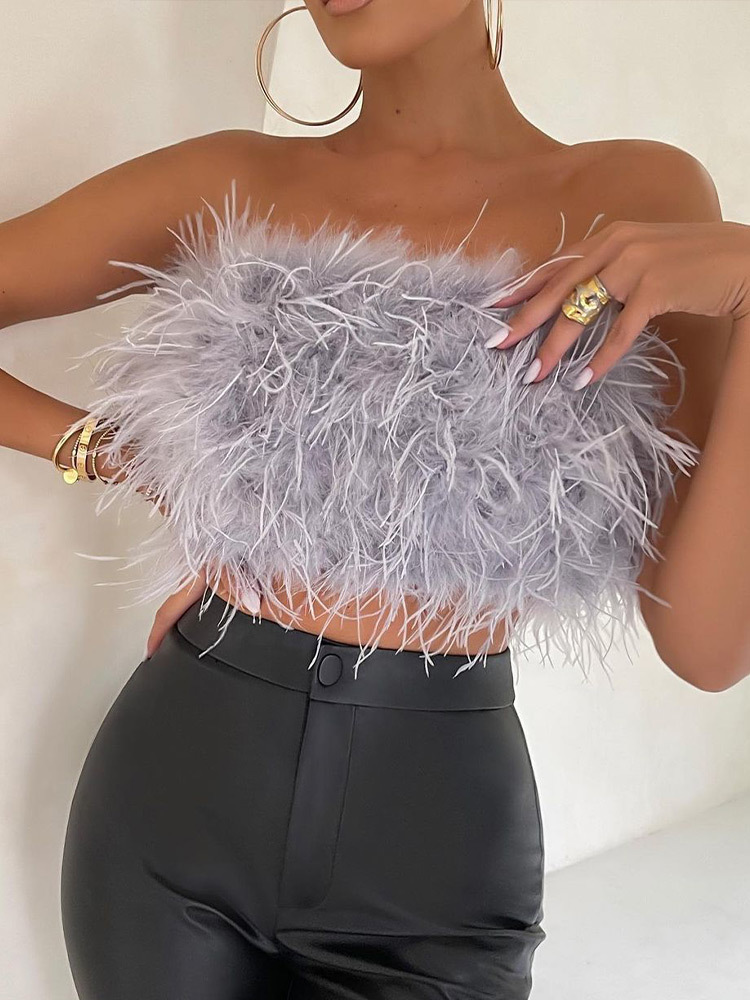 Sexy Furry Crop Top Camis Women Ostrich Feather Tank Tunic Vest Sleeveless Bra Night Club Party Female Tube Cropped Tops 220316