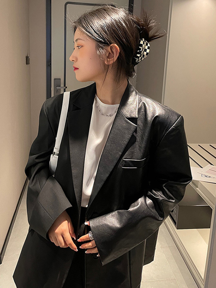 [EAM] Women Black Zipper Pu Leather Big Size Blazer Lapel Long Sleeve Loose Fit Jacket Fashion Spring Autumn 1DE0121 220402