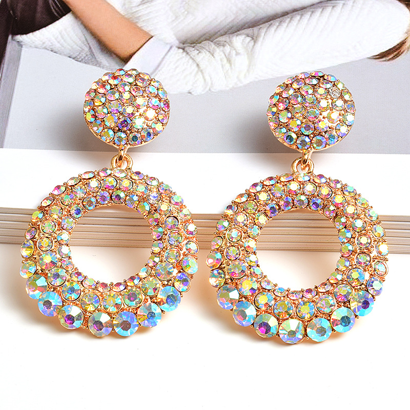 Elegant Shiny Geometric Crystal Round Circle Long Hoop Earrings Colorful Rhinestone Drop Earring Diamond Dangle Earrings Bridal Jewelry for Women