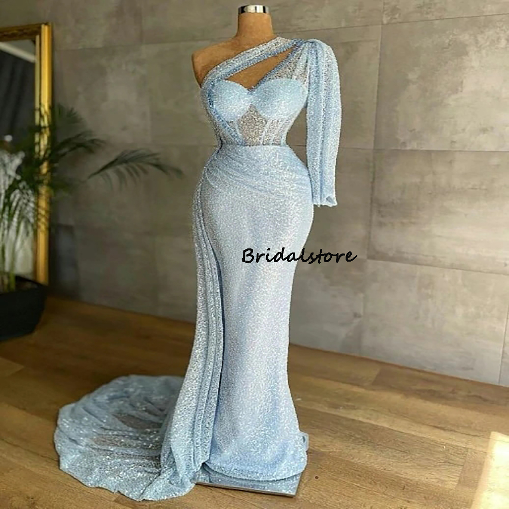 Sparkly Light Blue Sequin Prom Dresses 2022 Sexy One Shoulder Mermaid Evening Gown Open Neck Long Formal Party Dress Plus Size Second Reception Guest 