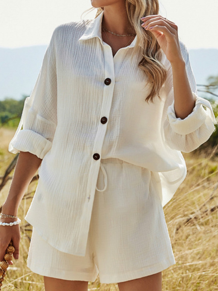 Summer Beach Casual Button White Women's Sets Cotton Linen Two Pieces Long Sleeve Shirt and Shorts Women Set Outfits 220509
