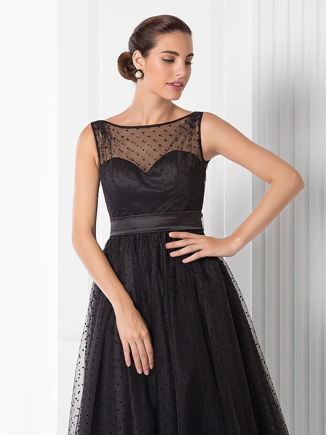 A-Line Vintage Black Evening Dress 2022 Illusion Neck Sleeveless Tea Length Dot Tulle Prom Party Gown Robe De Soiree Vestido De Festa Longo