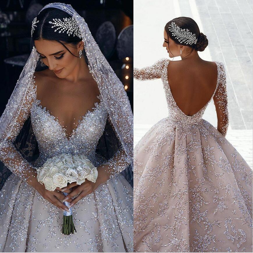 Luxury Beaded Wedding Dress Elegant Princess Sequins Off Shoulder Tulle Bridal Gowns Long Train Backless Bridal Dresses
