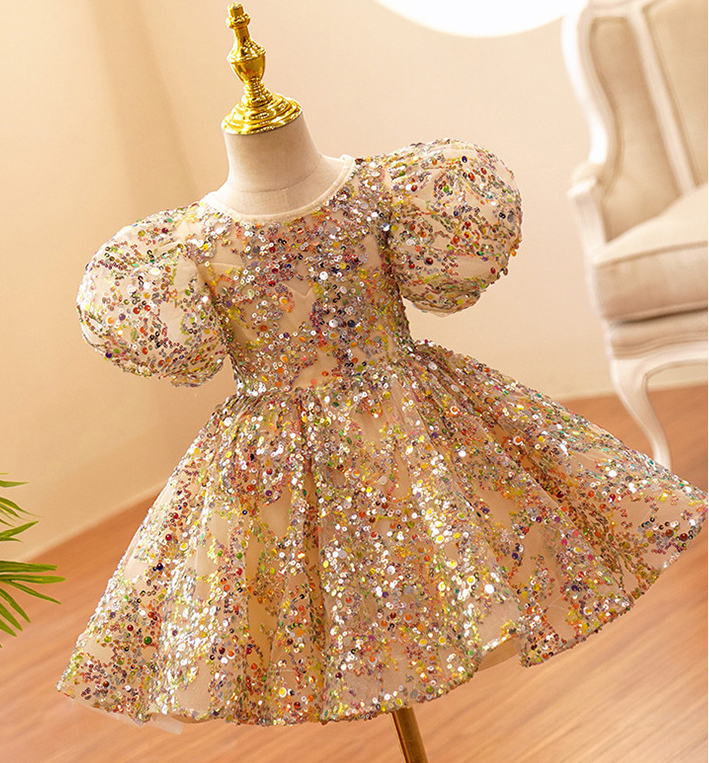 Elegant Gold Princess Sequined Blingbling Floor Length Ball Gown Pageant Dresses For Teens Toddler Girls Flower Dress 403