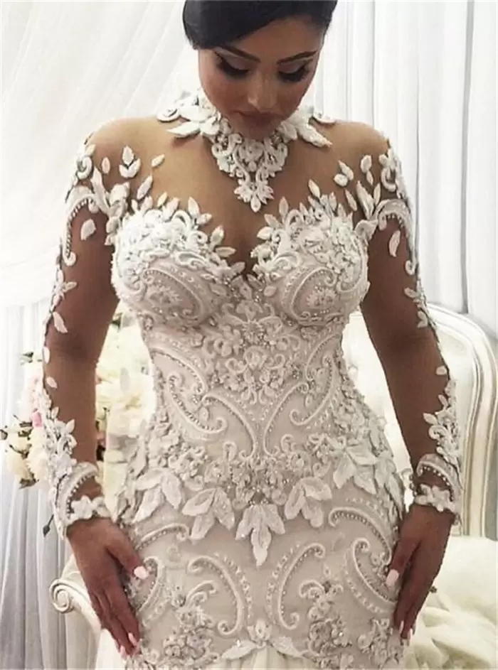 Mermaid Dresses Ruched Pleats High Neck Long Sleeves Lace Applique Beaded Crystals Satin Custom Made Wedding Gowns Plus Size Vestido De Novia