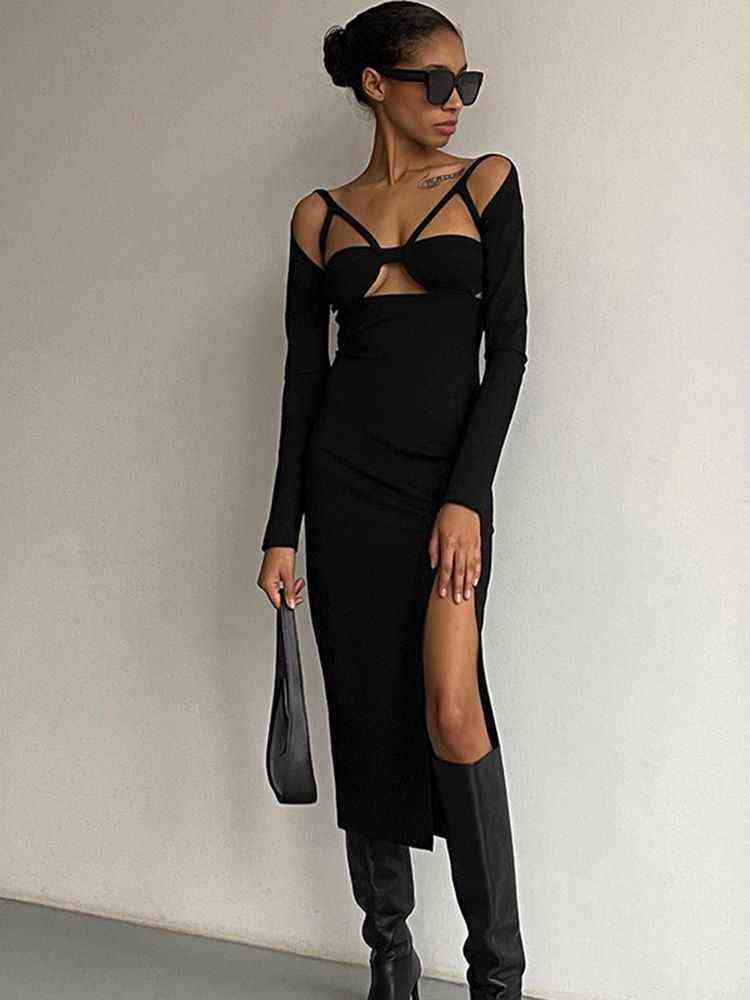 Cryptographic Elegant Sexy Backless Cutout Slit Long Sleeve Maxi Dress New Outfits For Women Party Club Bandage Dresses Clothing J220519