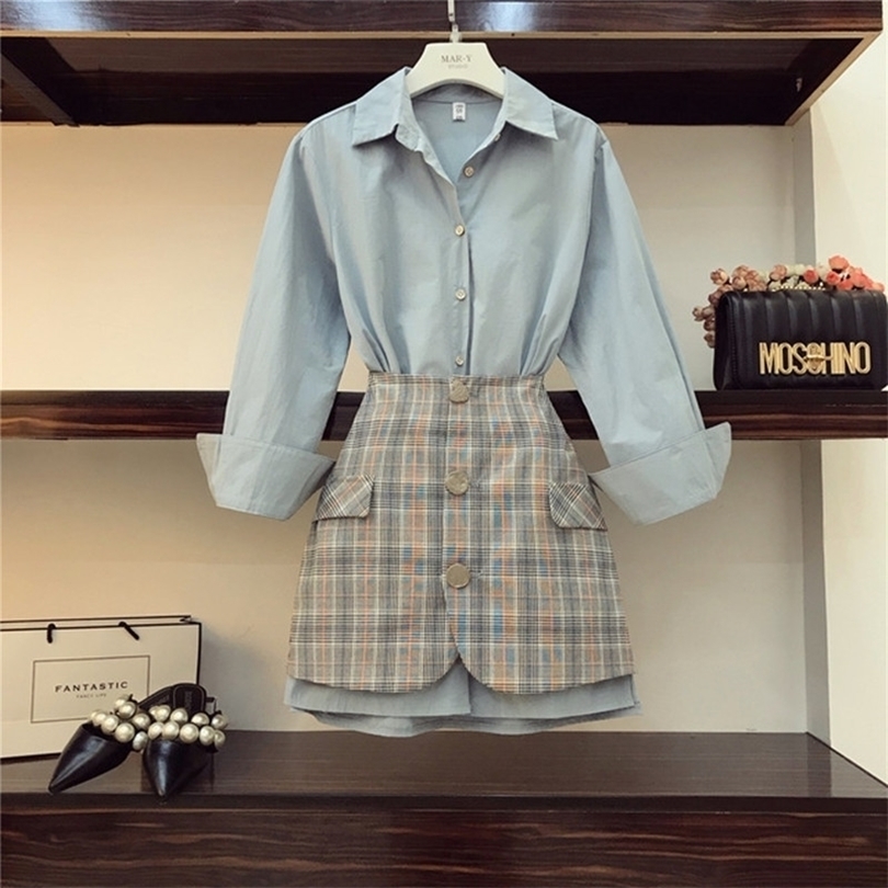 New Fall Womens Lapel Long Sleeve Blue Long Shirt High Waist Package Hip Plaid Skirt Twopiece Ladies OL Mini Skirts Set T200325