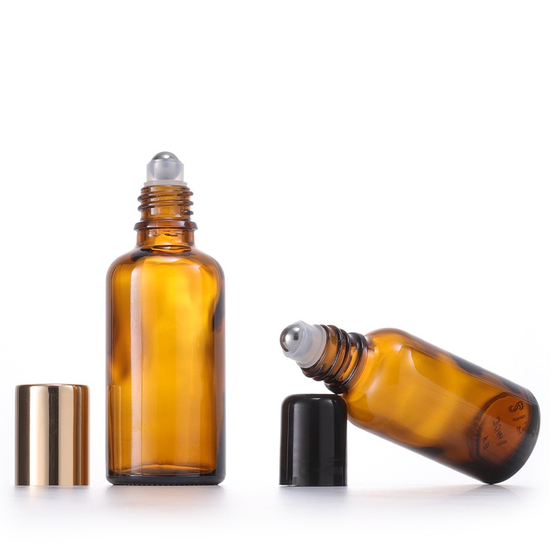Amber Glass Roll On Bottles with Stainless Steel Roller Ball Black/Gold Cap for essential Oil Perfume Portable Size 5ml 10ml 15ml 20ml 30ml 50ml 100ml