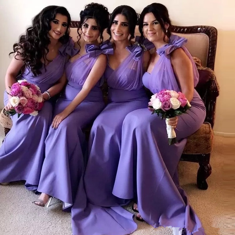 Stylish Lavender Mermaid Bridesmaid Dresses One Shoulder Beaded Trumpet Wedding Guest Dress Sweep Train Satin Maid Of Honor Gowns