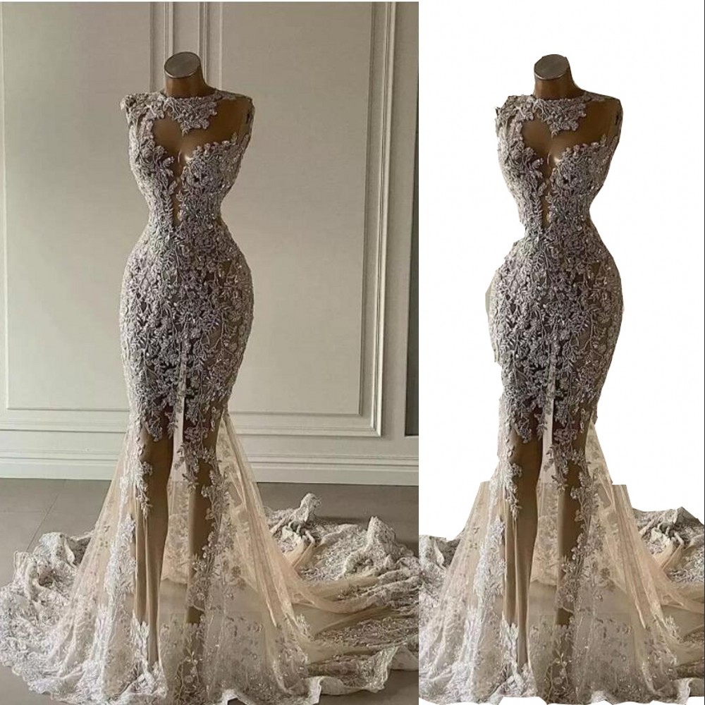 Transparent Sexy Mermaid Wedding Dresses Champagne Jewel Neck Illusion Sheer Lace Appliques Crystal Beading Court Train Formal Bridal Dress Plus Size