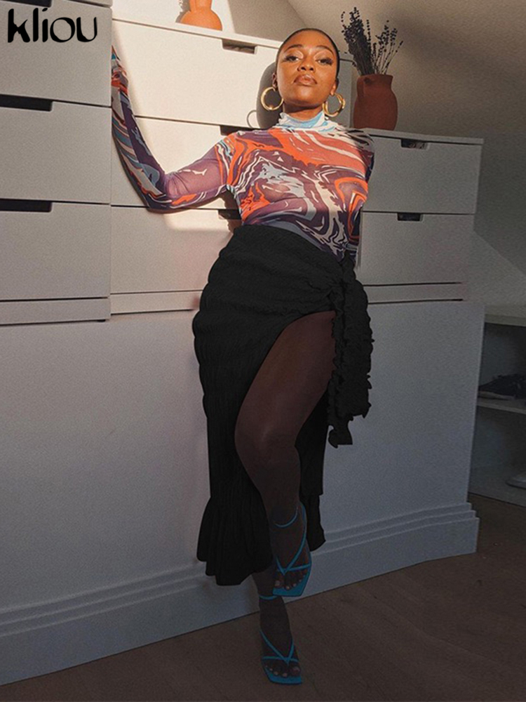 Kliou Pleated Woven Skirt For Women Harajuku Sexy Oversized Casual Clothing Irregular Shape Side Lace Casualwear Female Outfit 220701