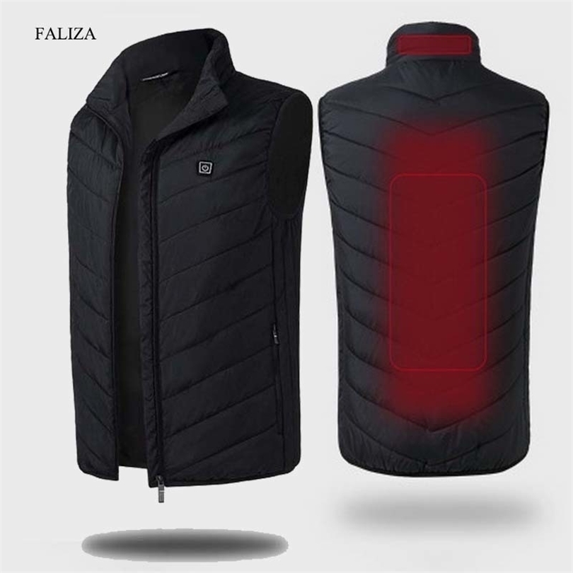 FALIZA USB Heated Vest Men Winter Heating Jacket Male Waistcoat Thermal Warm Clothing Feather Sleeveless Gilet Homme Vests MJ117 201120