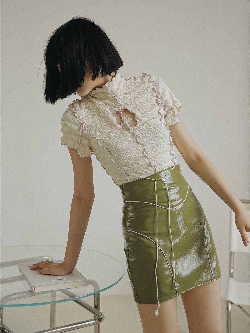 CHEERART Summer Short Sleeve Ruffle Blouse Women Turtleneck Ladies Tops Cut Out Ruched Frilly Top Aesthetic 220527