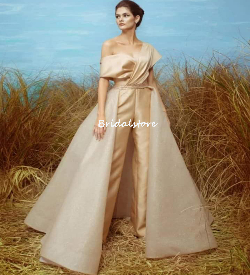 Elegant Gold Evening Dress Jumpsuit Style With Detachable Train Sexy One Shoulder Satin Prom Dresses 2022 Reception Guest Party Gowns Robe De Soirée D