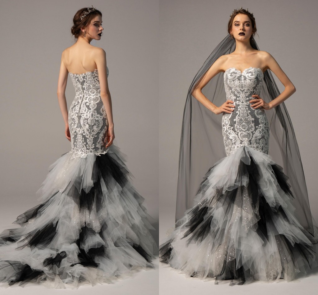 Black and White Mermaid Wedding Dresses Gowns 2022 Vintage Lace Applique Gothic Sweetheart Ruffles Skirt Formal Bride Dress