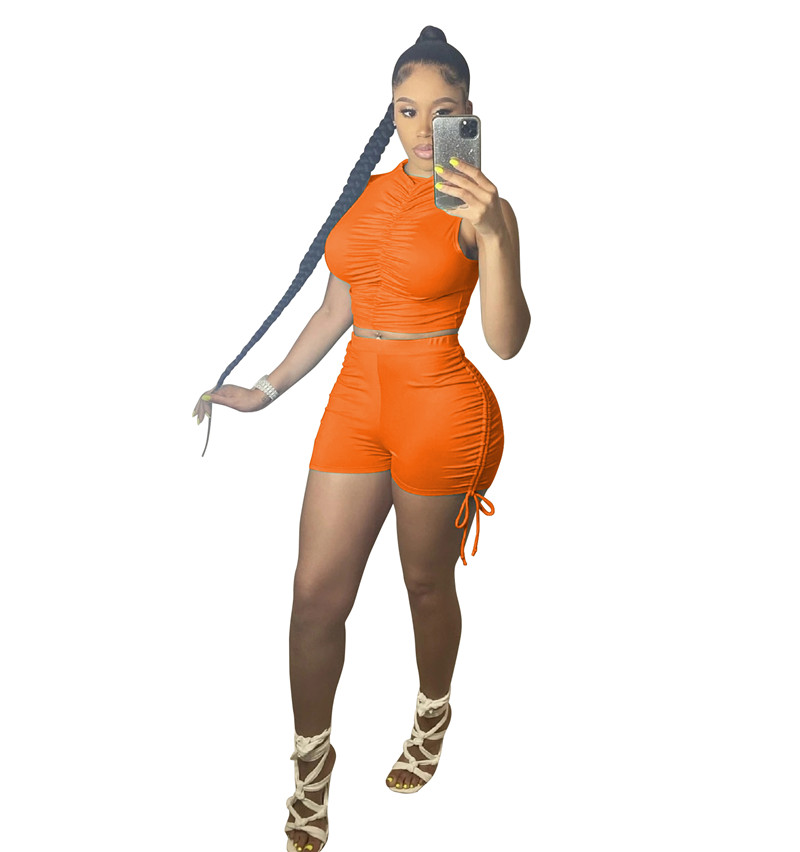 New Wholesale Women Summer Tracksuits Solid Outfits Sleeveless Shirring T Shirt Bandage Shorts Two Piece Set Casual Sports Suits Fitness clothes Bulk 