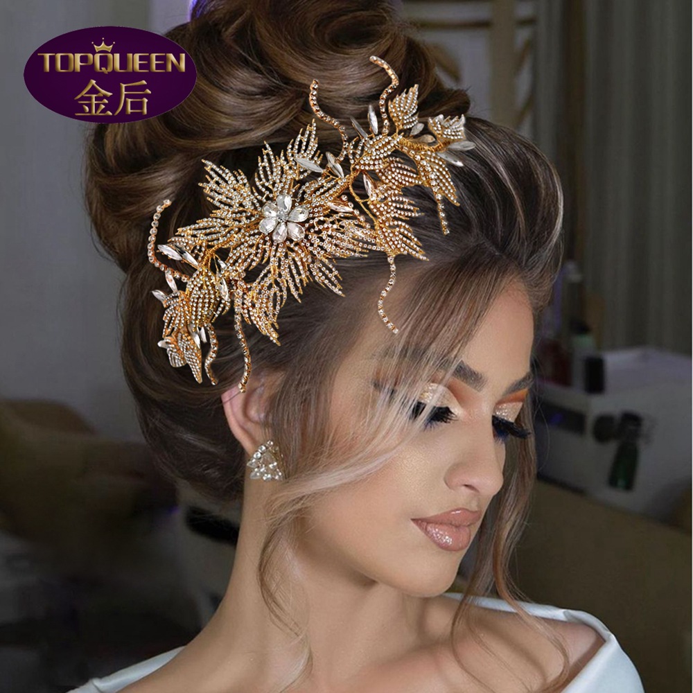 Gold Hollow Alloy Leaf Diamond Bridal Tiara Baroque Beautiful Headpieces Bride Ladies Jewelry Crowns Bride Wedding Crown Accessories European Retro Pa