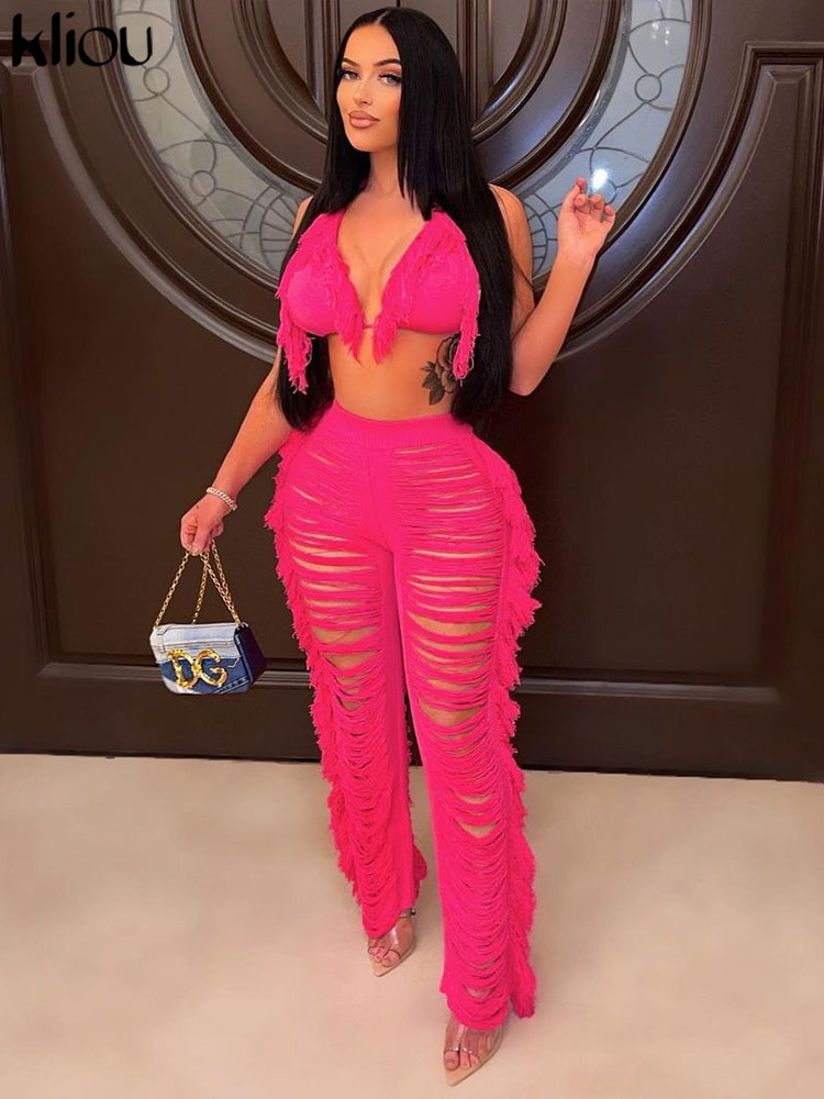 Kliou Halter Knitted Tanks Women Solid Sexy Deep V-Neck Lace Up Backless Tassel Skinny Crop Tops Streetwear Female Outfits 220325