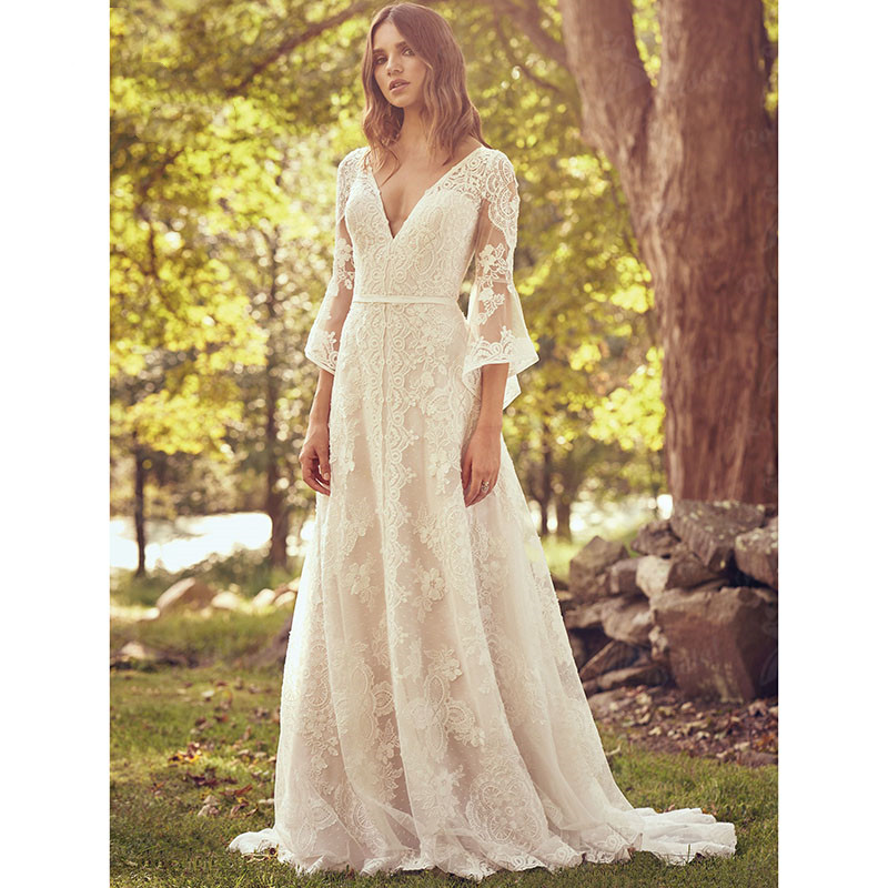 Beach Flare Sleeve Wedding Dresses Cross Strap Back Lace Bohemian Country Bridal Dress vestidos de novia Bohemios 2022