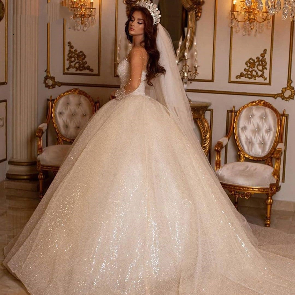 Princess urious Shiny Ball Gown Wedding Dresses Deep V Neck Long Sleeve Strapless Lace Appliques Sequins or Length Train Ruffles Plus Size Robe Custom