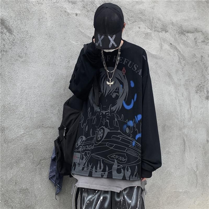 T-shirt Men And Women Retro High Street Dark School Students Secondary Anime Printing Hip Hop Long Sleeve Harajuku 220321