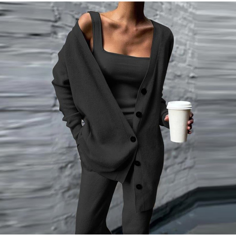 Women Three Pices Set Long Pants Female Suit Tracksuit Autumn Winter Knitted Solid Cardigan Tops Tank Top and Casual Loose 220315