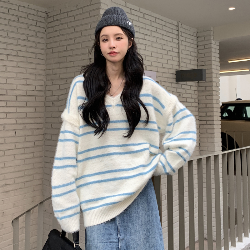 Korean Fashion Loose Winter Womens Clothing Sweater Blue Stripes V Neck Removable Sleeves Pullover Long Sleeves Knitting Tops 220817