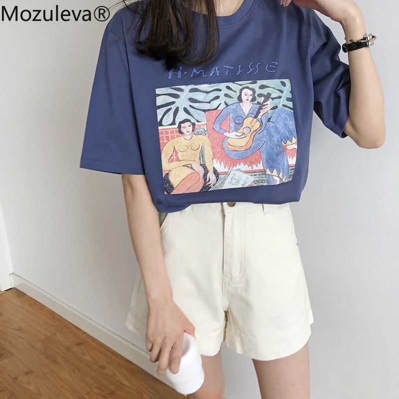 Mozuleva Style Gitar Print Women T-shirt Short Sleeve Loose Cotton Female Basic Tops Shirt Spring Summer Ladies Tees 220328