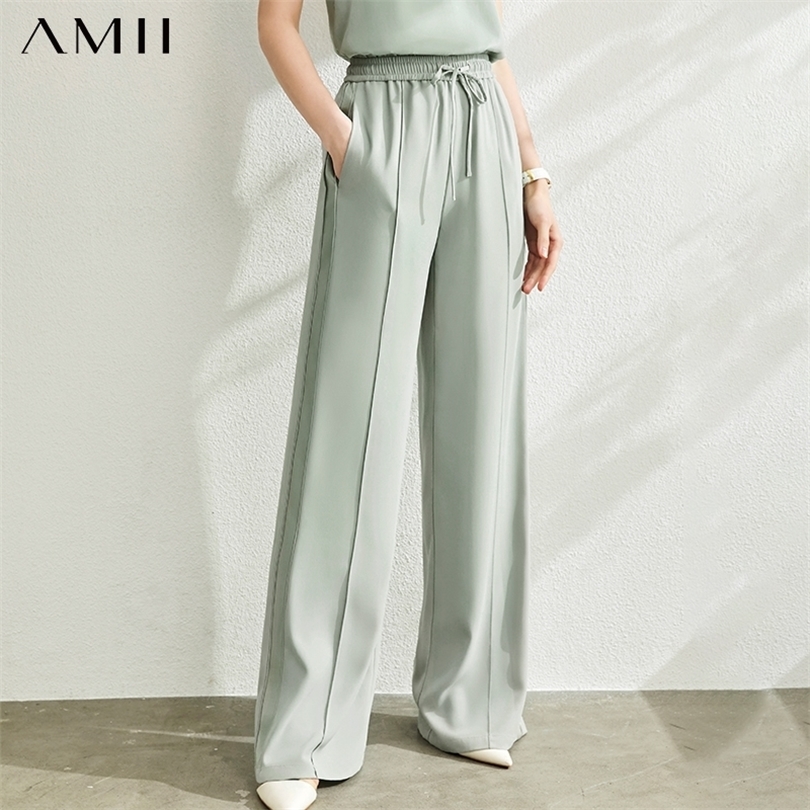AMII Minimalist Women High Waist Pants Office Lady Elegant Elastic Waist Solid Loose Female Long Pants 12040227 201012