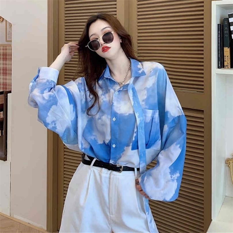 Oversize Shirt Long Sleeve Shirt Blouse Women Korean Loose Blue Sky White Clouds Tiedye Gradient Blouse Spring 16W3 210423