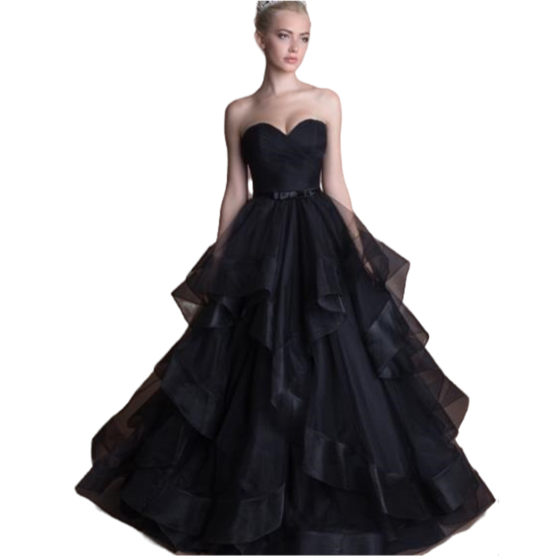 Black Puffy A Line Wedding Dress Vintage Gothic Bridal Dresses Pleats Ruffles Long Wedding Gowns Sweetheart Strapless Floor Length Garden Robe De Mari