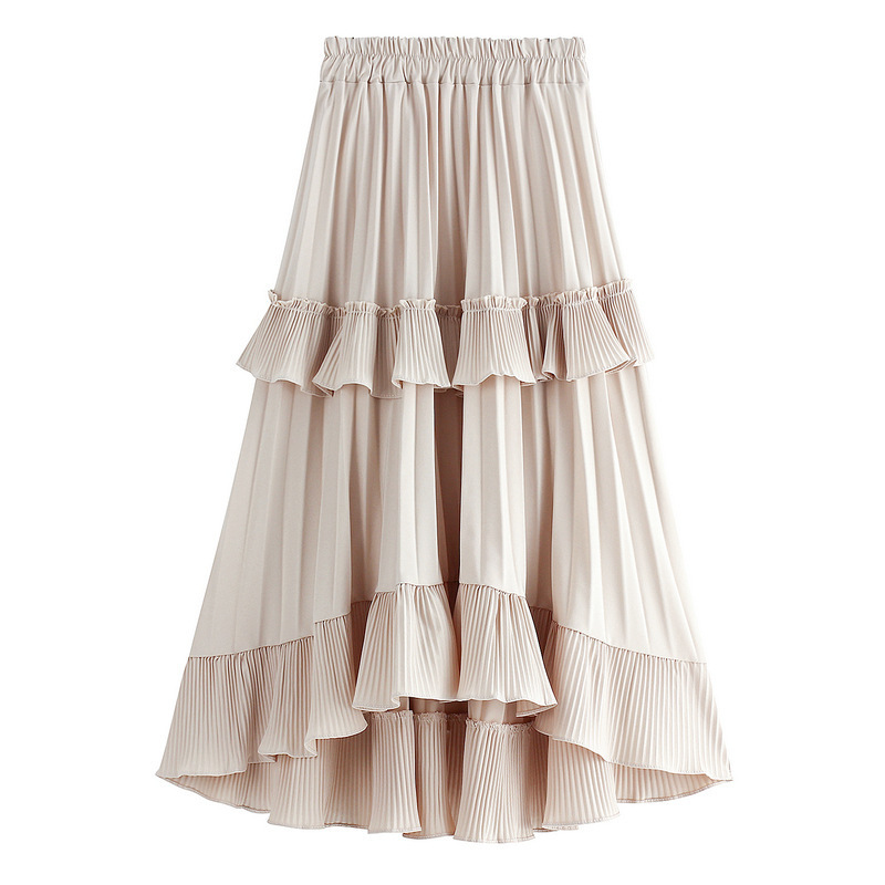 Beige White Fashion Korean Ruffle Midi Long A-line Skirt Women Casual Spring Summer High Waist Irregular All-match Skirts Female 220317