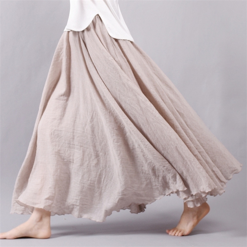 Women Linen Cotton Long Skirts Elastic Waist Pleated Maxi Beach Boho Vintage Summer Faldas Saia 220317