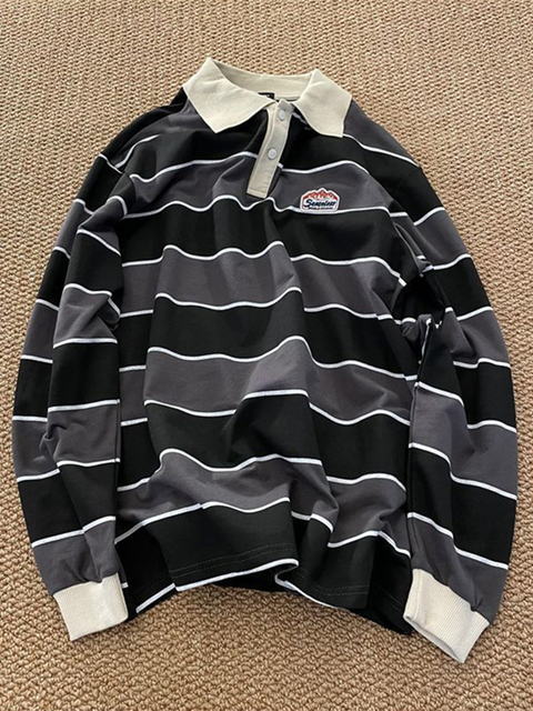 Women's TShirt Autumn Striped POLO Shirts Casual Longsleeved Women Tops Fashion Retro Loose Couple Sweatshirt Preppy Vintage Lapel 230206