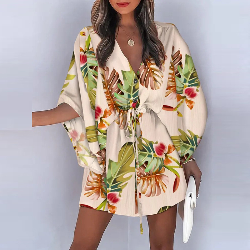 Summer Fashion Printed Sexy V Neck Buttons Drawstring Party Dress Ladies Casual Bat Sleeve Mini Women Elegant es 220629