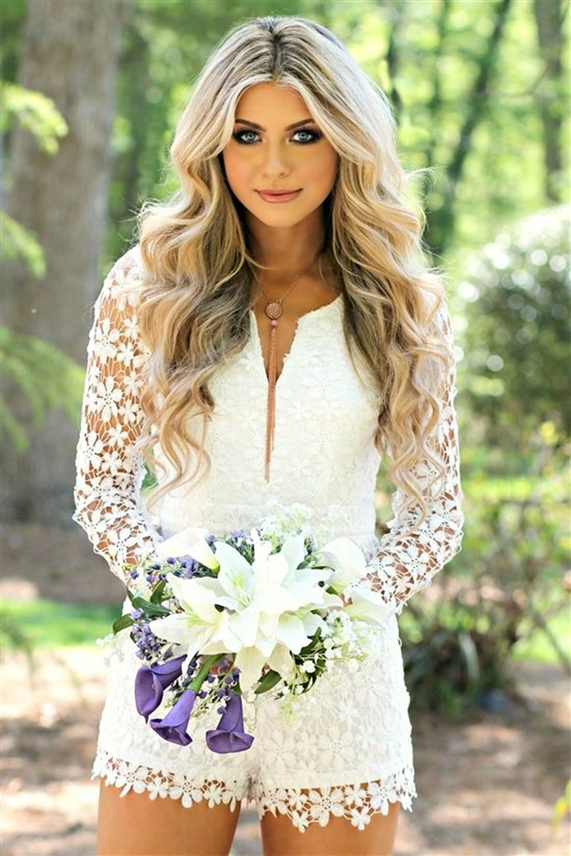 Short Jumpsuit Floral Lace Wedding Dress For Women Long Sleeve Country Bridal Gowns Summer 2022 Chic Elopement Bride Formal Wear