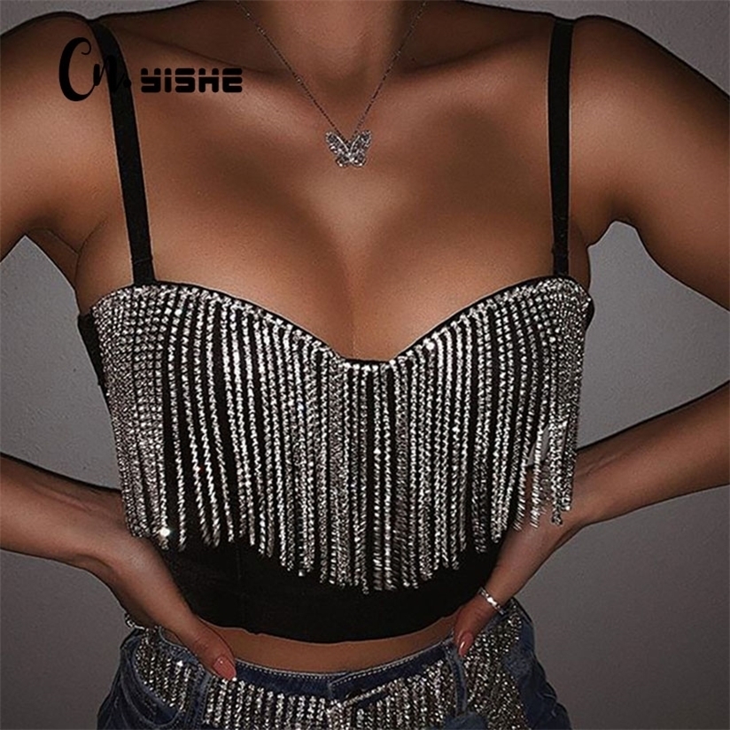 CNYISHE Fashion Sexy Clubwear Diamond Tassel Crop Tops Sleeveless T Shirts Slim Lady Bralette Strap Skinny Female Tee 220328