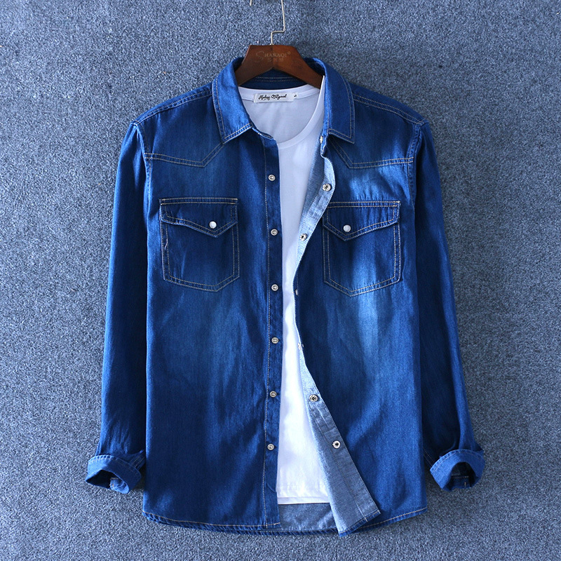 SHAN BAO Men's Slim Denim Shirt spring High Quality 100% Cotton Square Collar Pocket Button Fashion Long Sleeve 220322