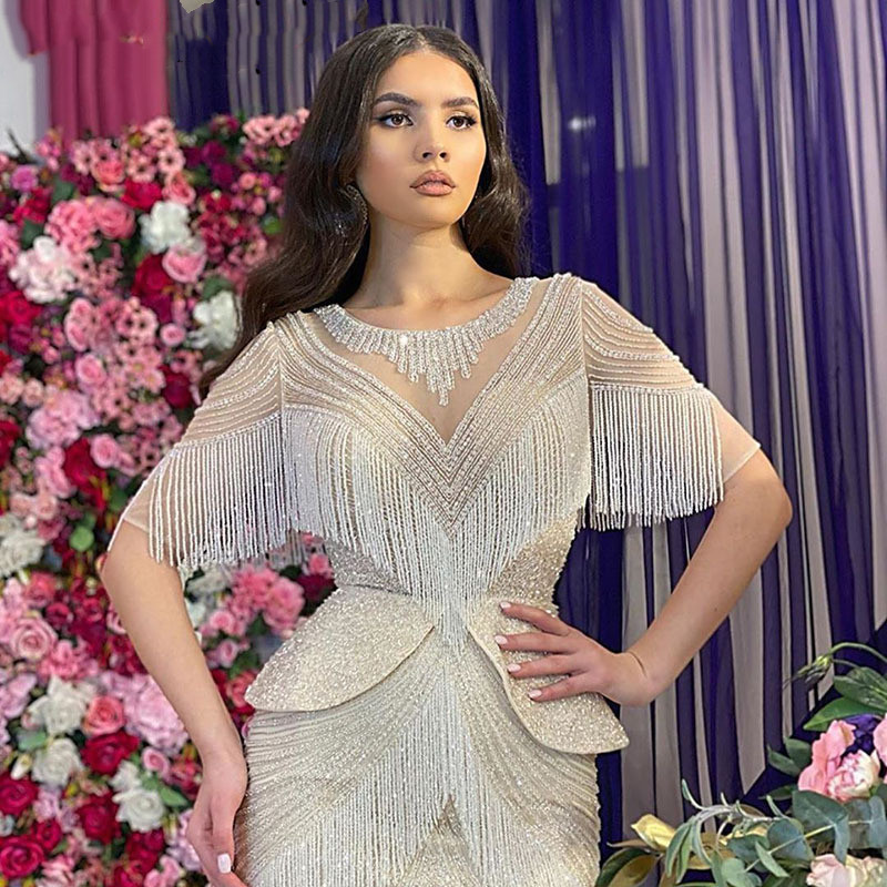Luxury Dubai Crystal Tassel Silver Evening Dresses sparkly aso ebi Mermaid Arabic dubai peplum Long Gold Prom engagement reception Party Gown Yousef A