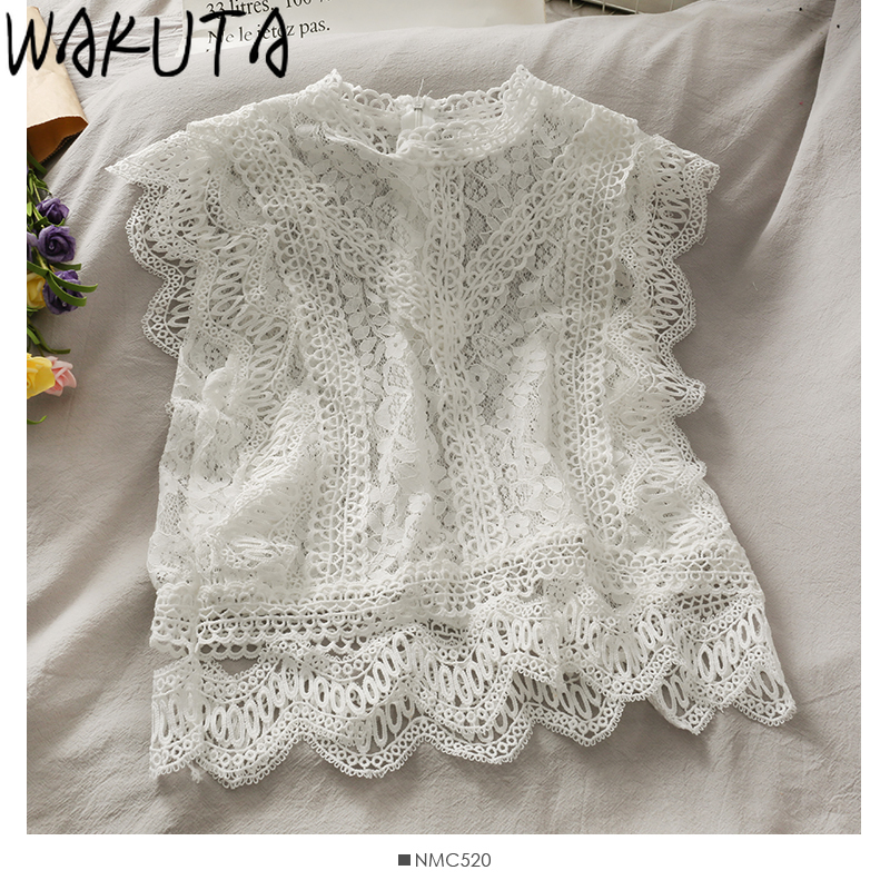 WAKUTA Sweet Hollow Out Lace Tank Tops Women Japanese Fashion Elegant Office Lady Solid Chic Sleeveless Crop Summer 220316