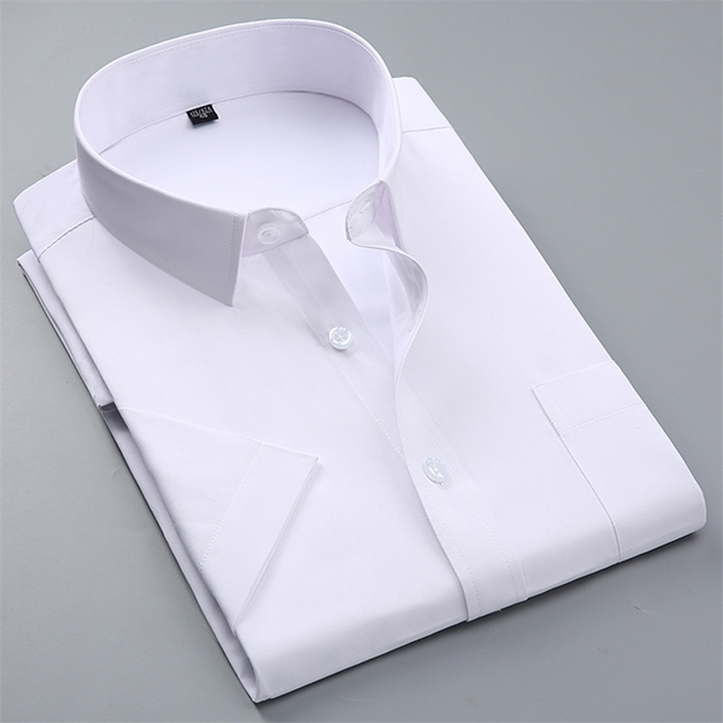 Summer Men's Short-sleeve White Basic Dress Shirt with Single Chest Pocket Standard-fit Business Formal Solid/twill/plain Shirts 220322