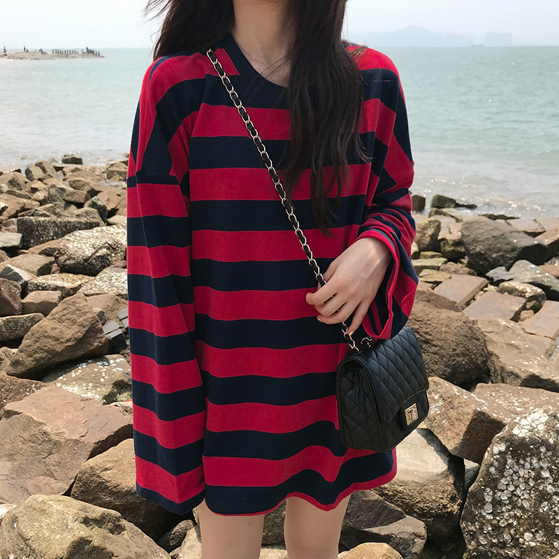 Striped T Shirt Women Casual Loose Long Sleeve Tops Female Streetwear Gothic Dark Shirts Spring shirt Vintage Blouse 220714