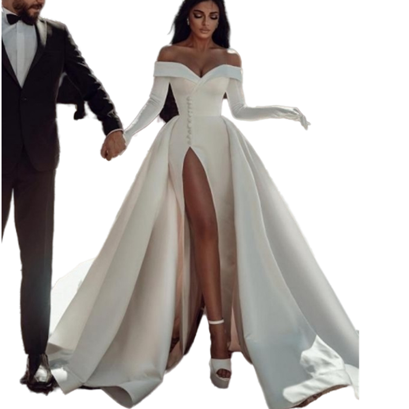 Modern Arabic Dubai Satin A-Line Wedding Dresses Off The Shoulder Short Sleeve Simples Garden Bridal Gowns Sexy High Split Long Train Bride Dress Robe